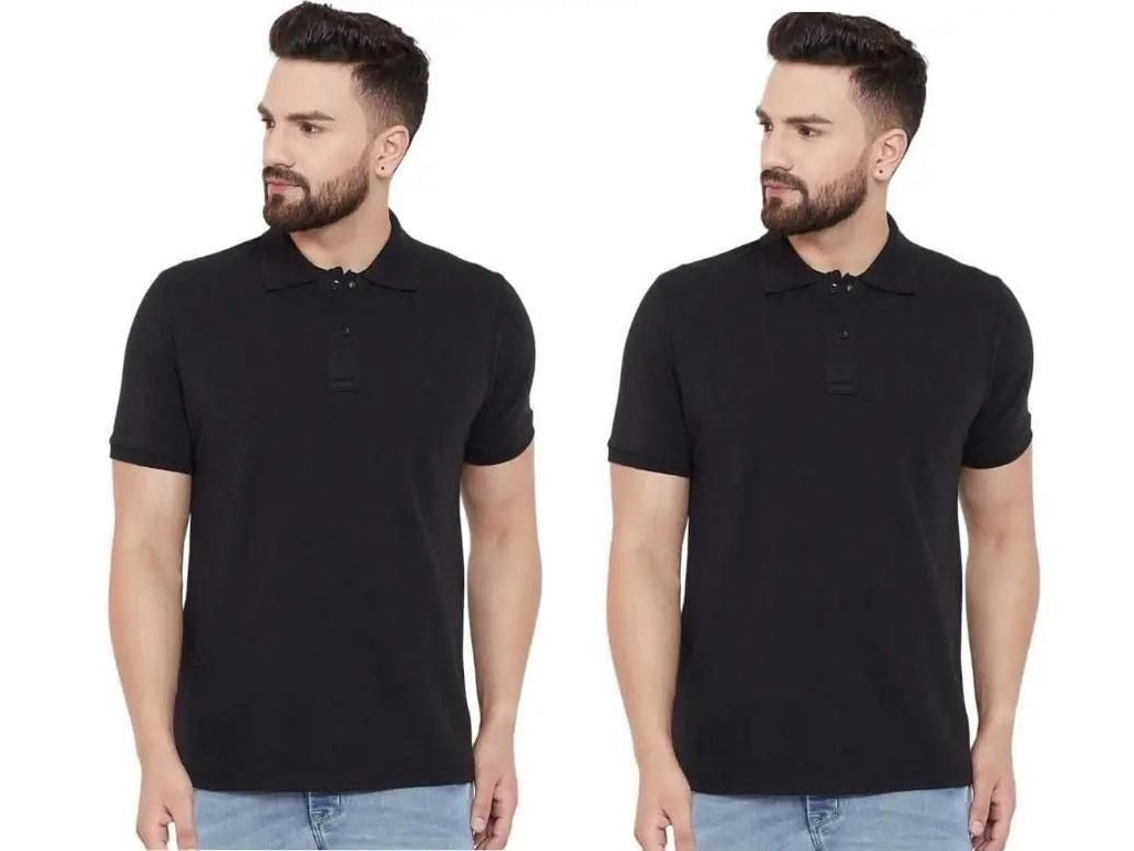 Cotton Blend Polo Neck Solid T-Shirts – Pack of 2 Classic black.