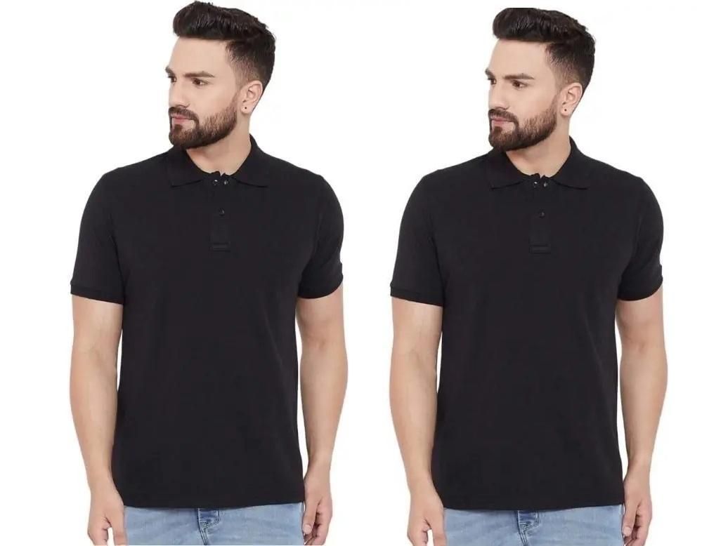 Cotton Blend Polo Neck Solid T-Shirts – Pack of 2 Classic black.